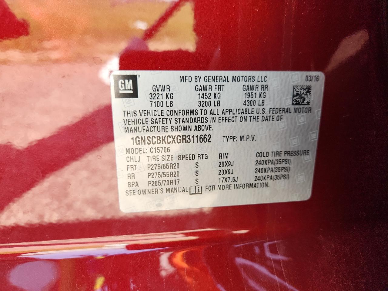 2016 Chevrolet Tahoe C1500 Lt VIN: 1GNSCBKCXGR311662 Lot: 65987115