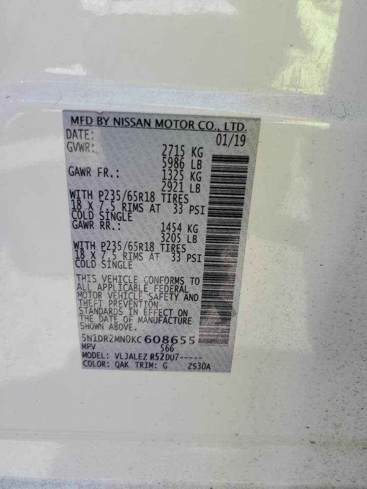 2019 Nissan Pathfinder S VIN: 5N1DR2MN0KC608655 Lot: 64632135