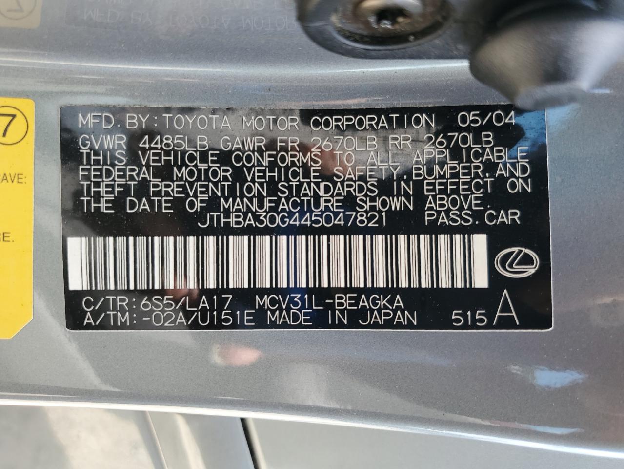 2004 Lexus Es 330 VIN: JTHBA30G445047821 Lot: 62117175