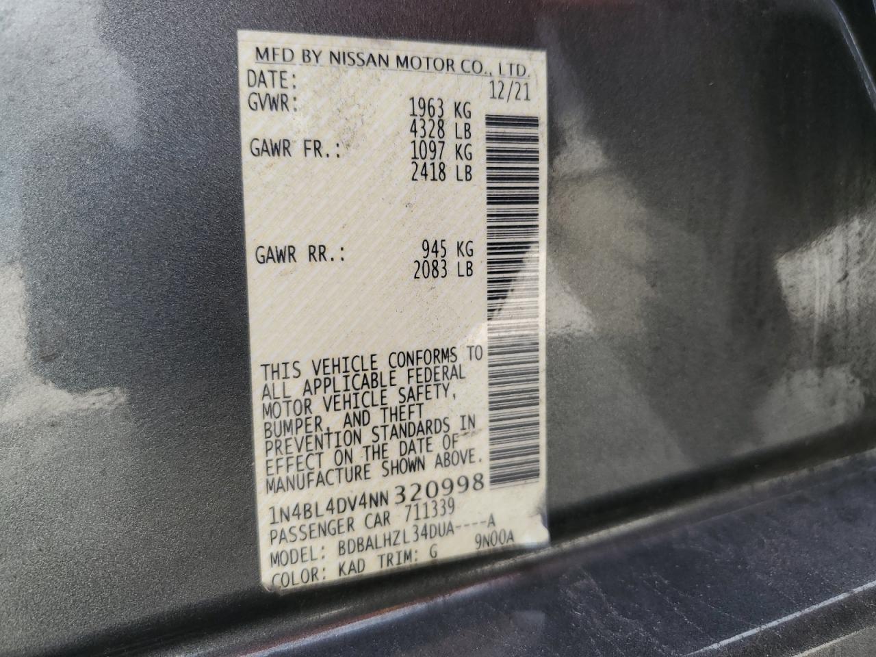 2022 Nissan Altima Sv VIN: 1N4BL4DV4NN320998 Lot: 64472985