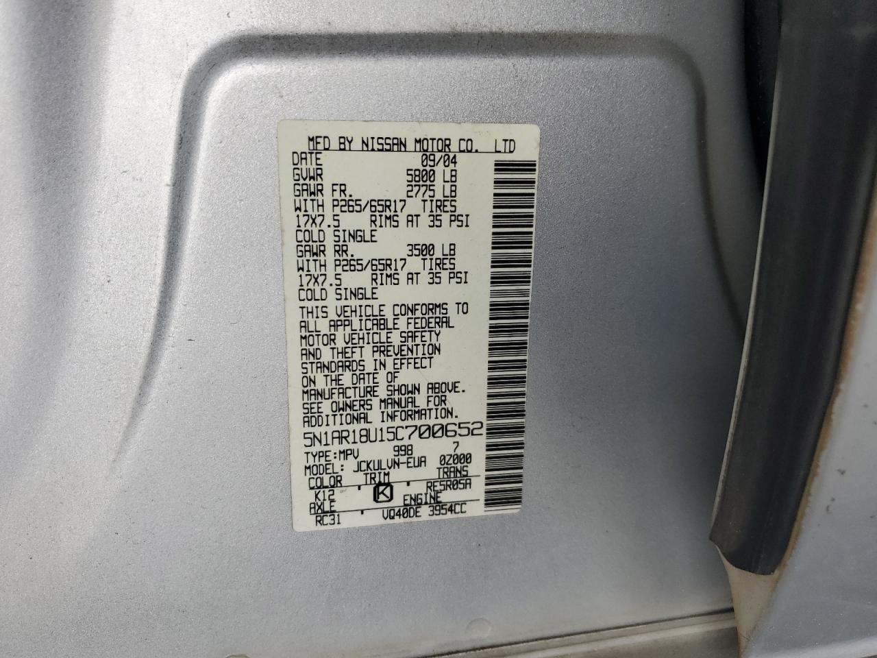 2005 Nissan Pathfinder Le VIN: 5N1AR18U15C700652 Lot: 64732185