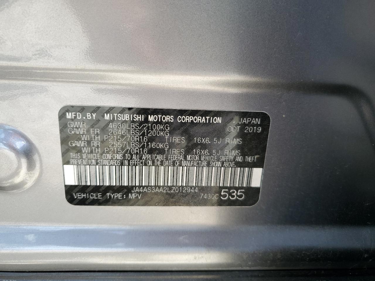 2020 Mitsubishi Eclipse Cross Es VIN: JA4AS3AA2LZ012944 Lot: 65110735