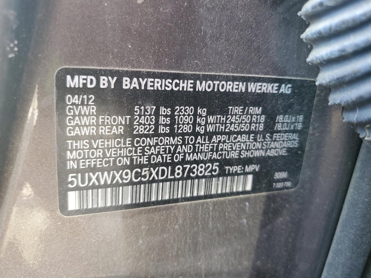 2013 BMW X3 xDrive28I VIN: 5UXWX9C5XDL873825 Lot: 65535155