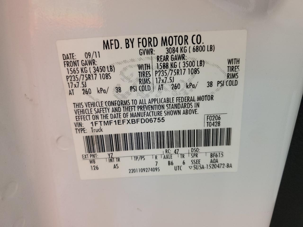 2011 Ford F150 VIN: 1FTMF1EFXBFD06755 Lot: 65024235