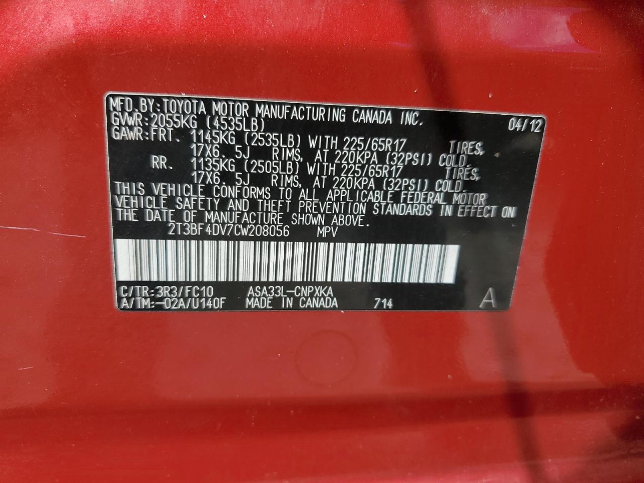 2012 Toyota Rav4 VIN: 2T3BF4DV7CW208056 Lot: 65612005