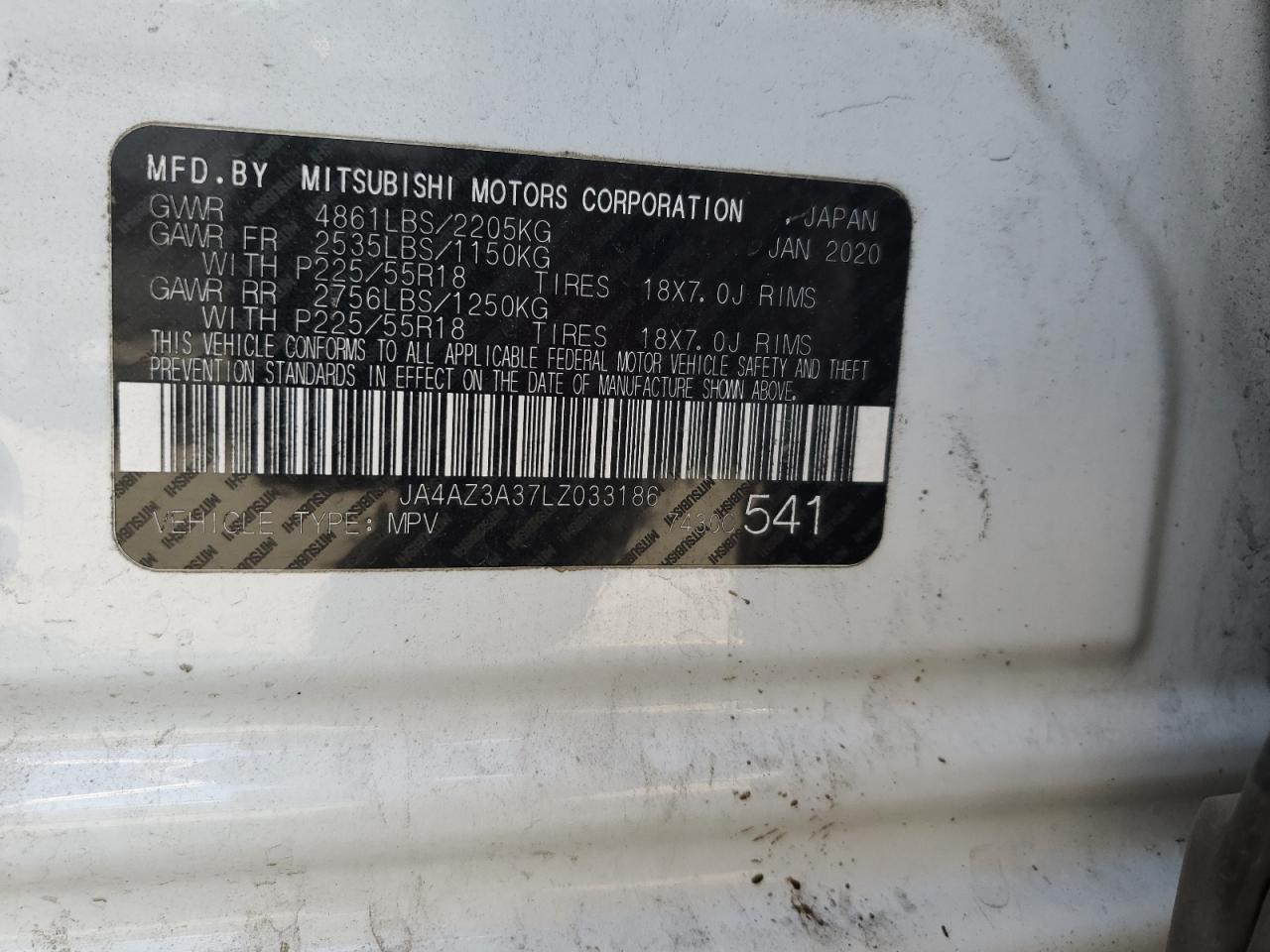2020 Mitsubishi Outlander Se VIN: JA4AZ3A37LZ033186 Lot: 65353985