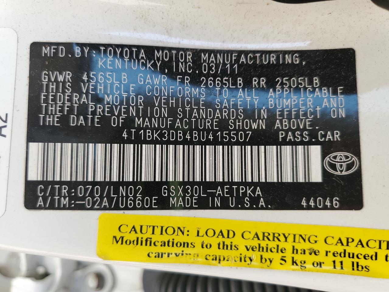 2011 Toyota Avalon Base VIN: 4T1BK3DB4BU415507 Lot: 63029105