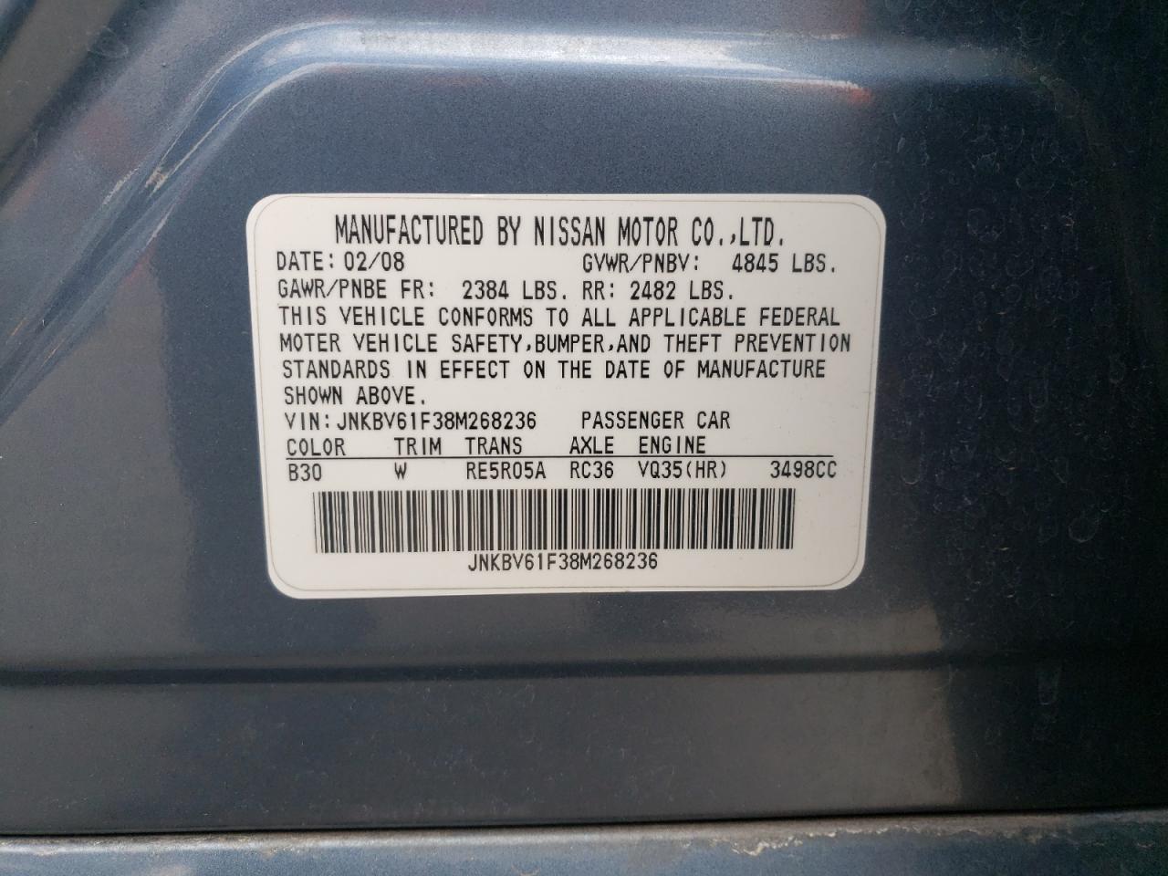 2008 Infiniti G35 VIN: JNKBV61F38M268236 Lot: 62124195