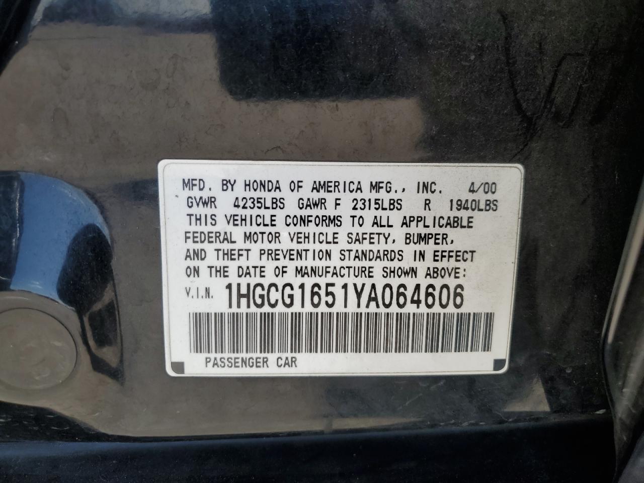 2000 Honda Accord Ex VIN: 1HGCG1651YA064606 Lot: 64355625