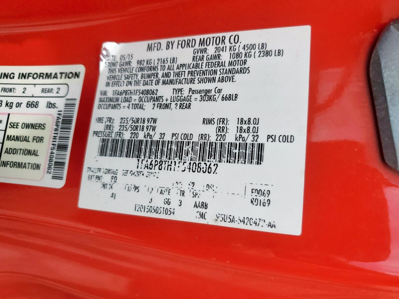 2015 Ford Mustang VIN: 1FA6P8TH1F5408062 Lot: 64644805