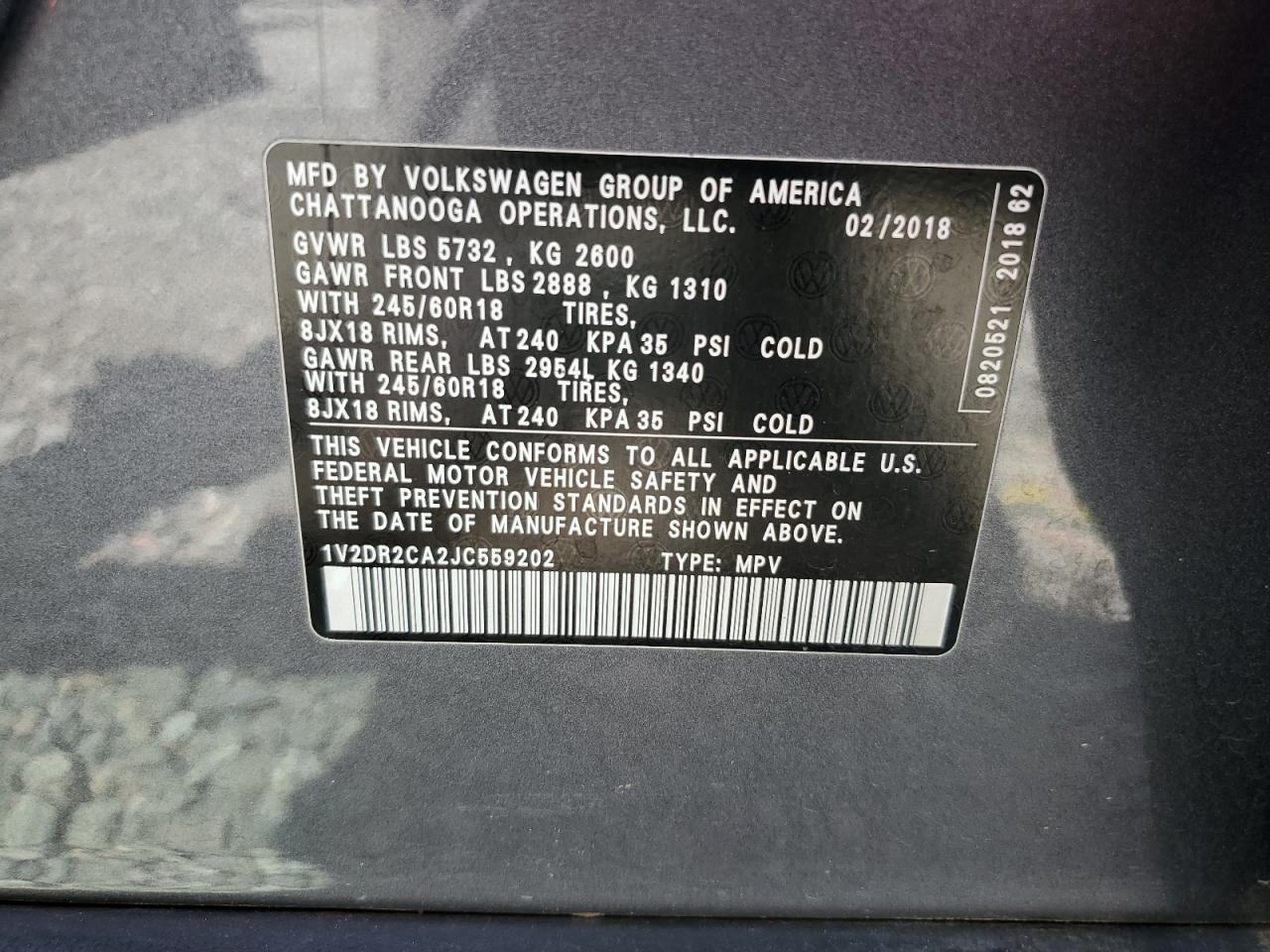 2018 Volkswagen Atlas Se VIN: 1V2DR2CA2JC559202 Lot: 64670185