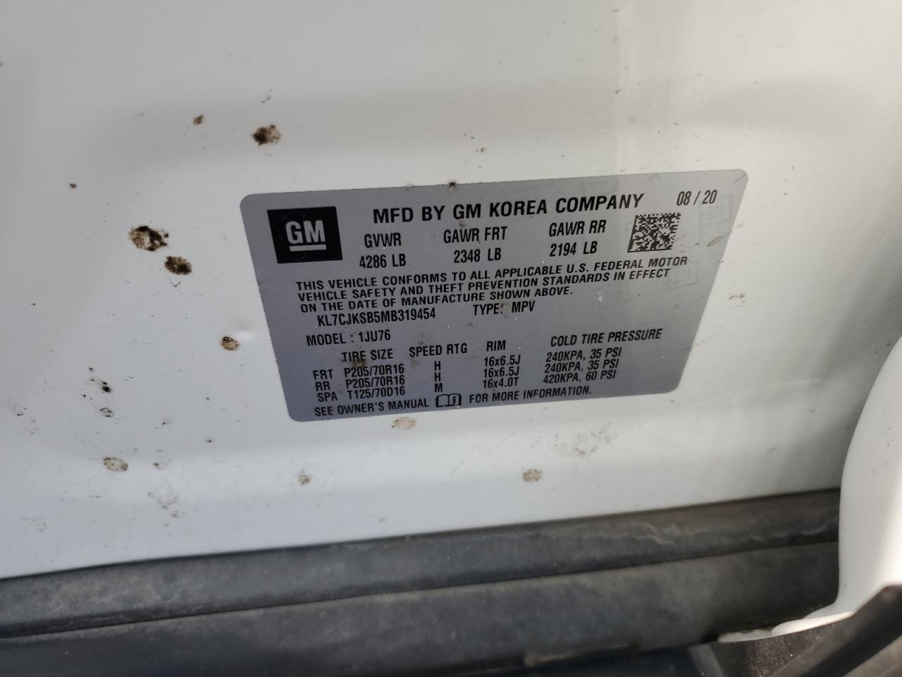 2021 Chevrolet Trax Ls VIN: KL7CJKSB5MB319454 Lot: 64033955