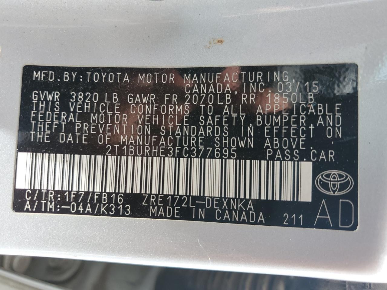 2015 Toyota Corolla L VIN: 2T1BURHE3FC377695 Lot: 64697025