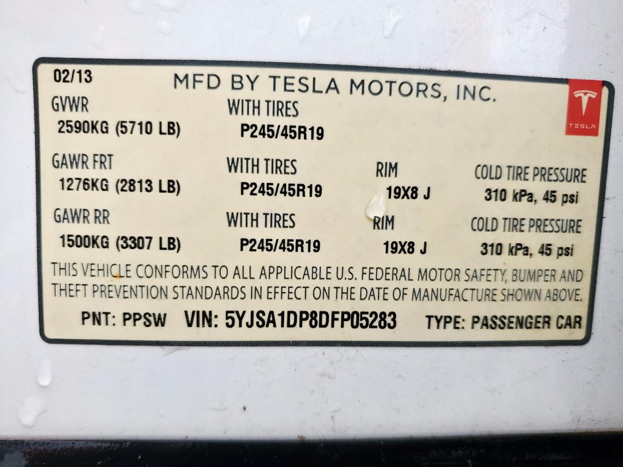 2013 Tesla Model S VIN: 5YJSA1DP8DFP05283 Lot: 62519275