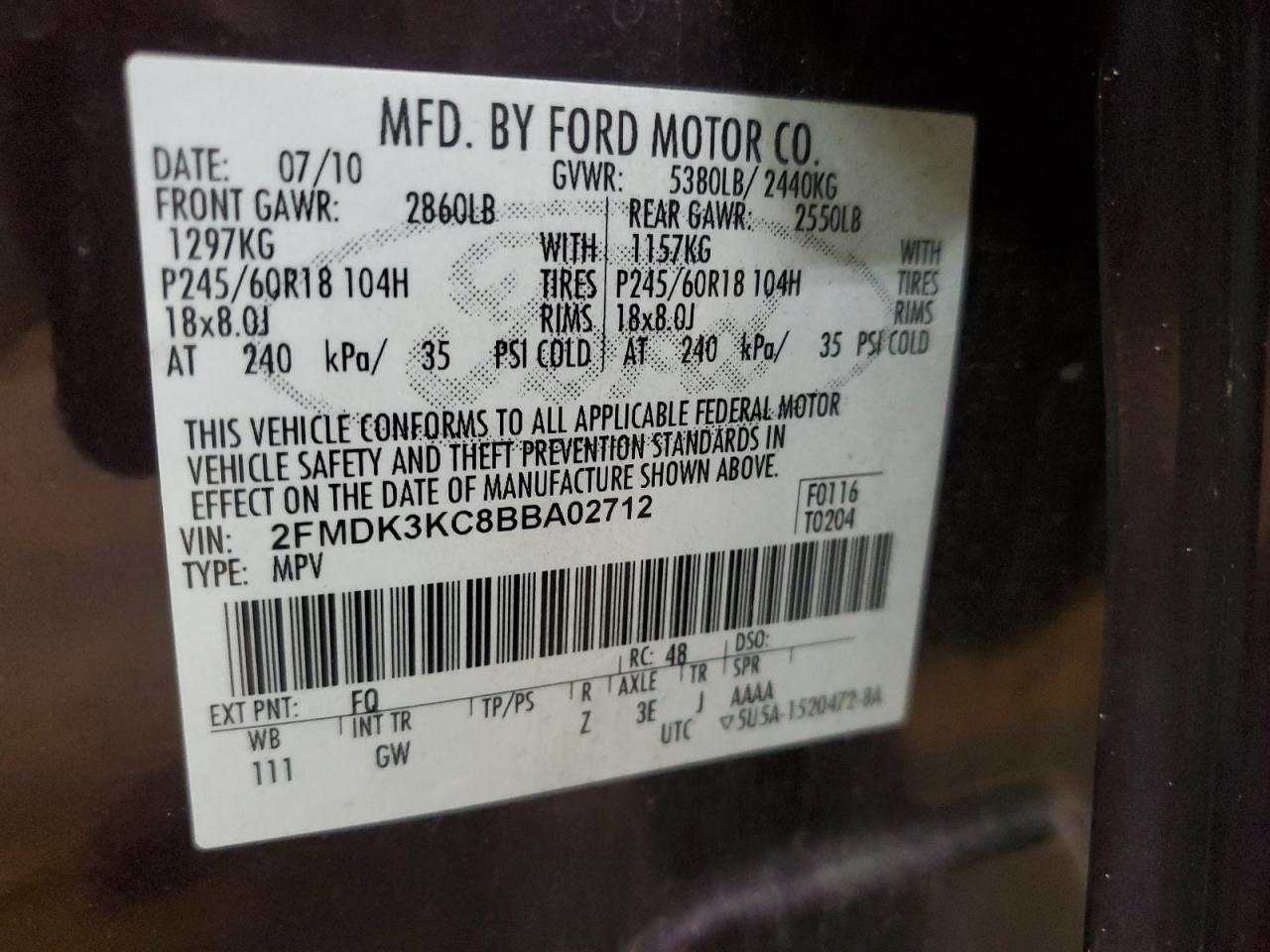 2011 Ford Edge Limited VIN: 2FMDK3KC8BBA02712 Lot: 63978185