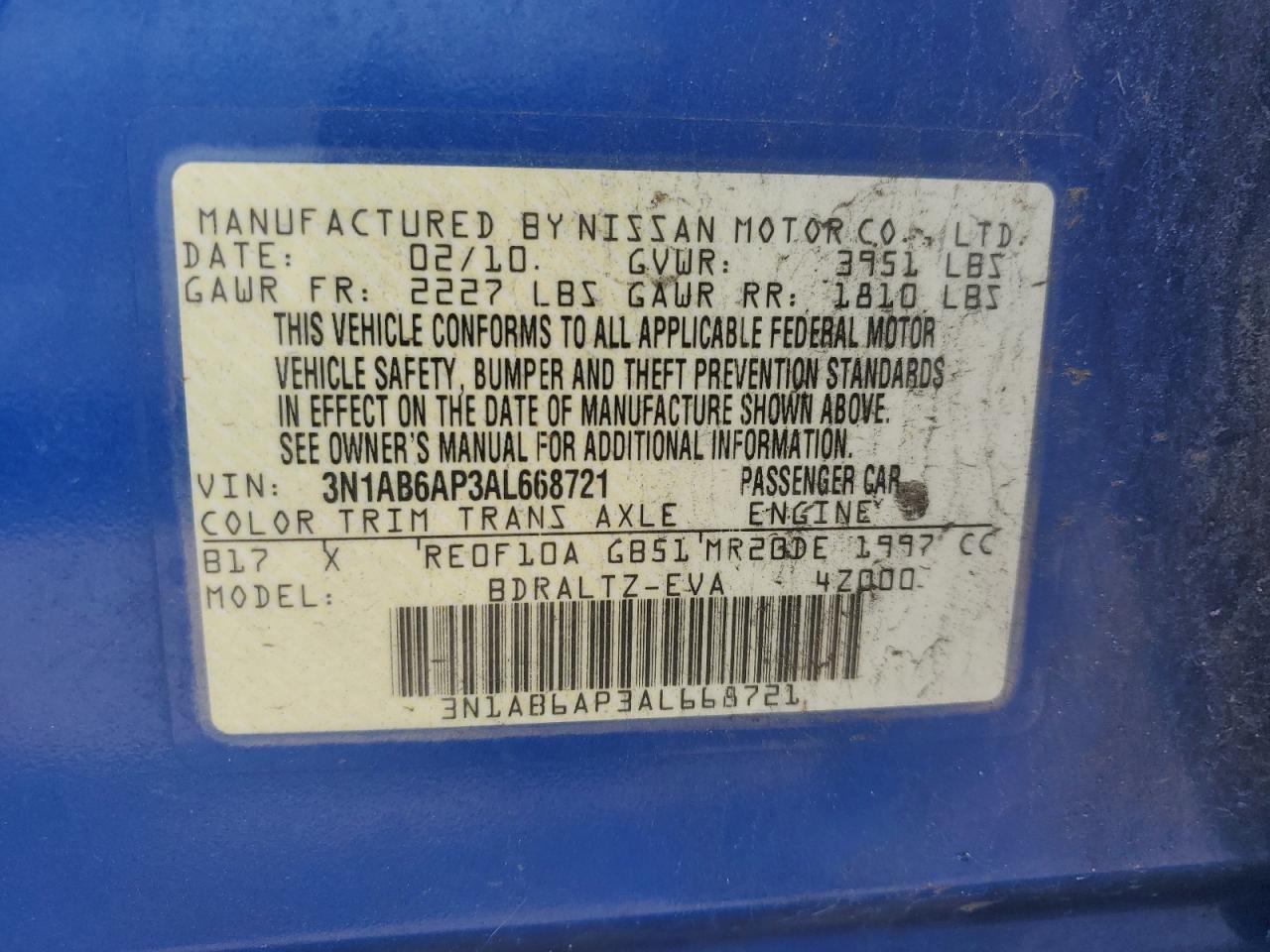 2010 Nissan Sentra 2.0 VIN: 3N1AB6AP3AL668721 Lot: 64209505