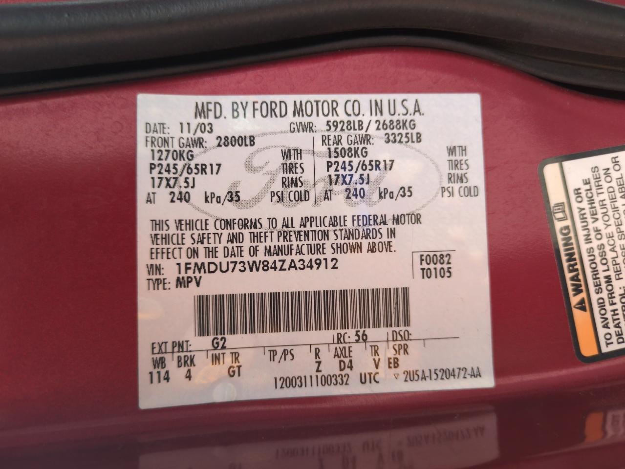 2004 Ford Explorer Xlt VIN: 1FMDU73W84ZA34912 Lot: 66500365