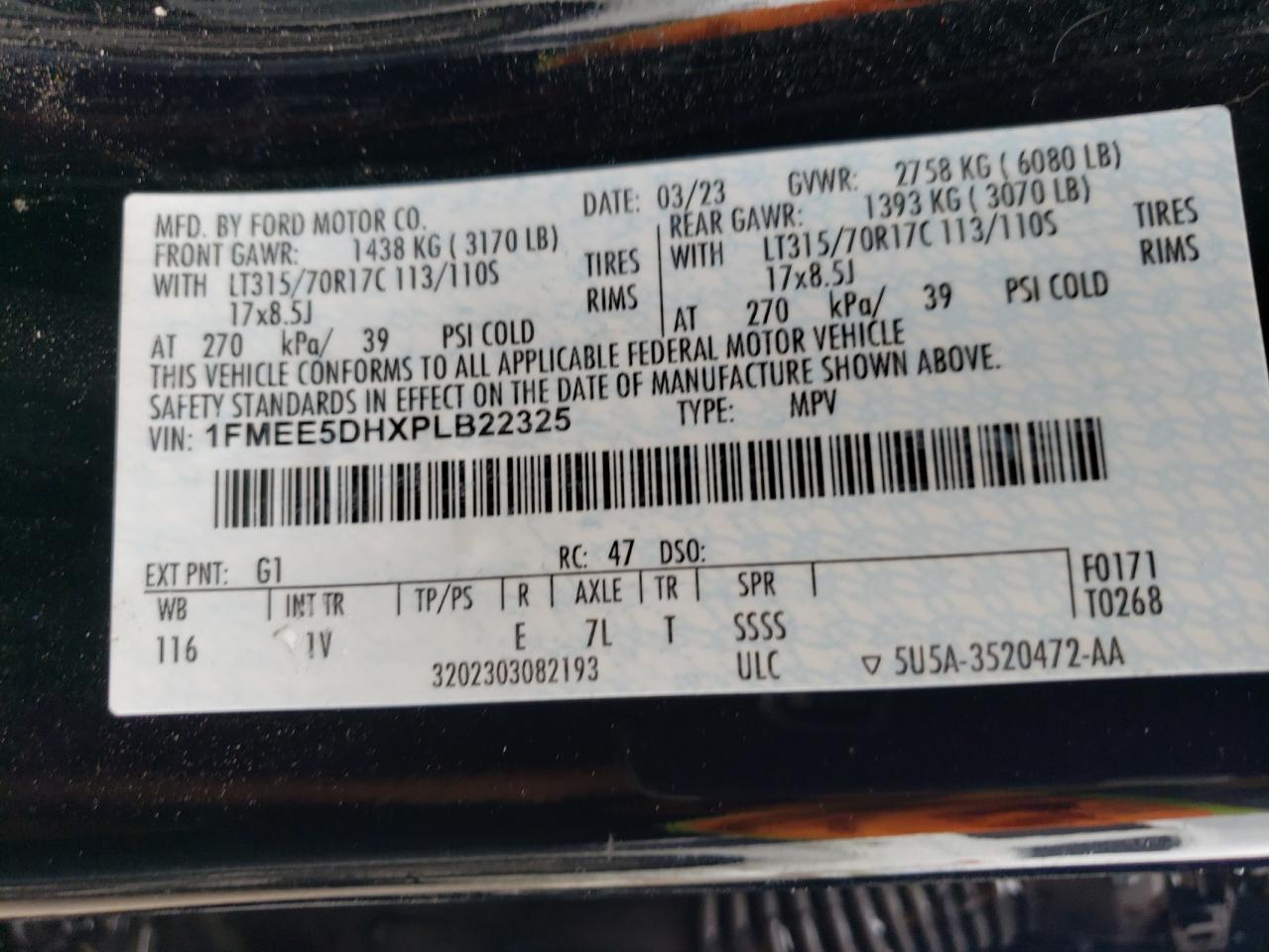 2023 Ford Bronco Base VIN: 1FMEE5DHXPLB22325 Lot: 64448575