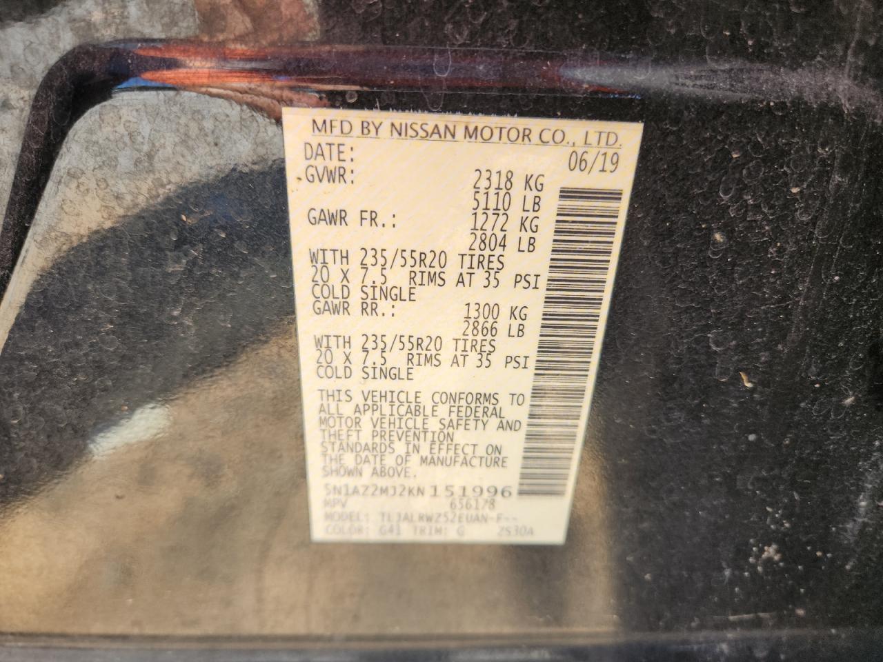 2019 Nissan Murano S VIN: 5N1AZ2MJ2KN151996 Lot: 66448205