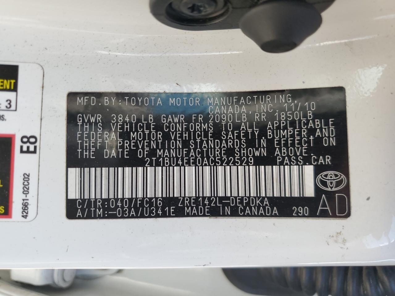 2010 Toyota Corolla Base VIN: 2T1BU4EE0AC522529 Lot: 63693595