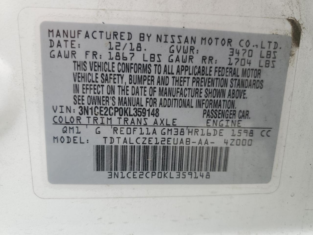 2019 Nissan Versa Note S VIN: 3N1CE2CP0KL359148 Lot: 64906005