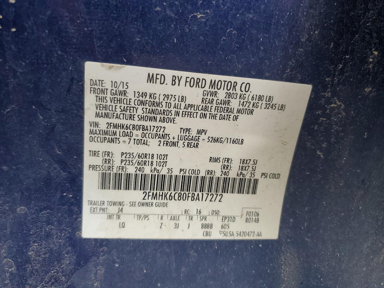 2015 Ford Flex Sel VIN: 2FMHK6C80FBA17272 Lot: 64184325