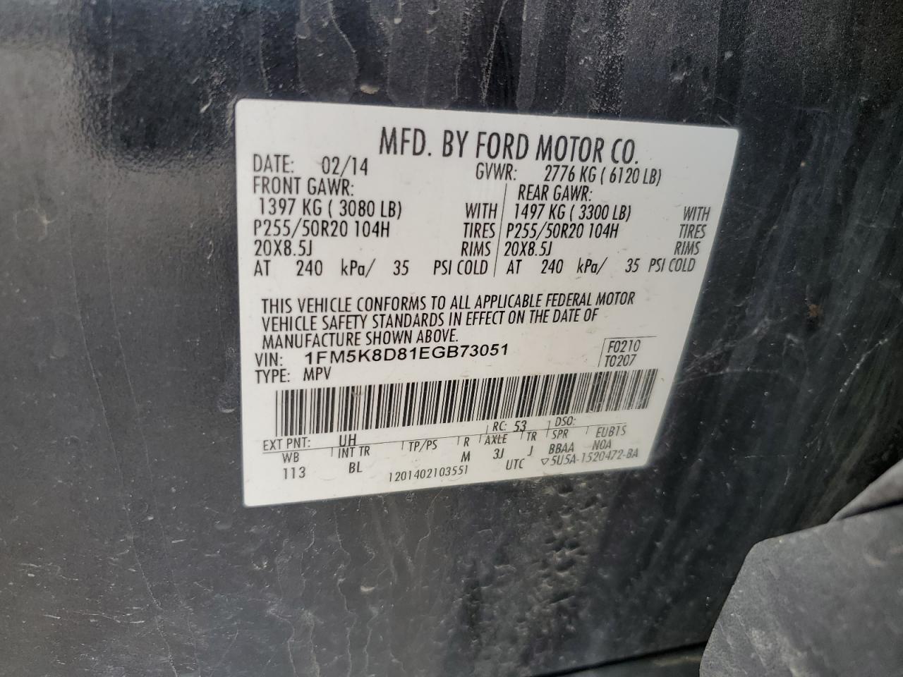 2014 Ford Explorer Xlt VIN: 1FM5K8D81EGB73051 Lot: 63015265