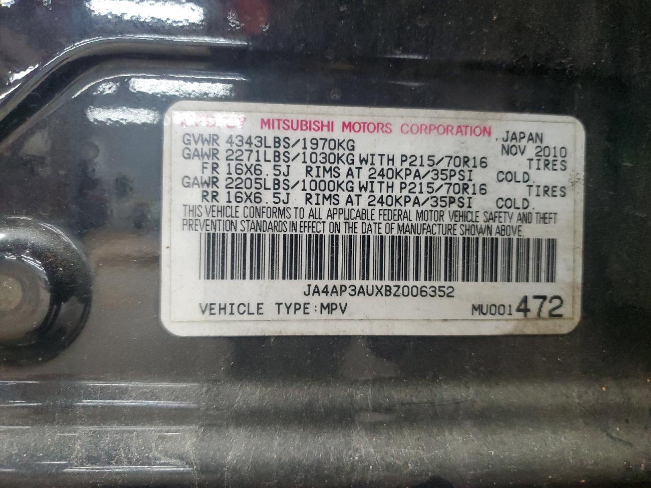 2011 Mitsubishi Outlander Sport Es VIN: JA4AP3AUXBZ006352 Lot: 63184185