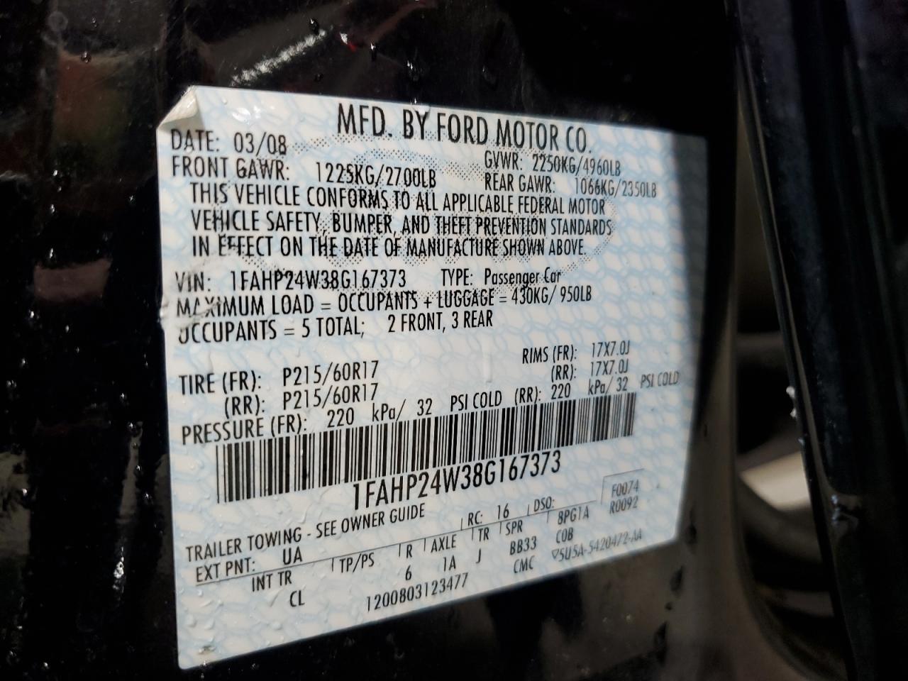 2008 Ford Taurus Sel VIN: 1FAHP24W38G167373 Lot: 64482255