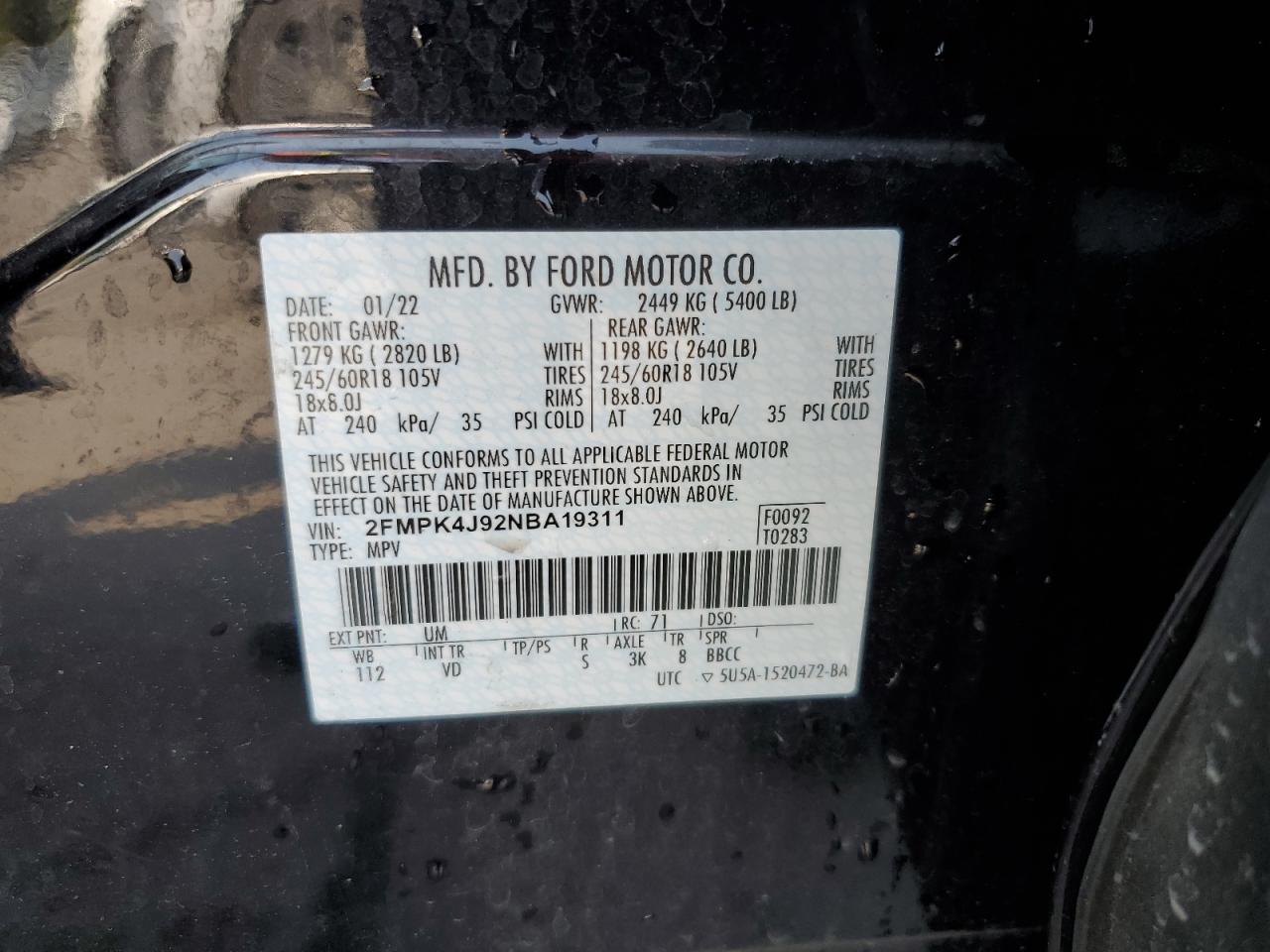 2022 Ford Edge Sel VIN: 2FMPK4J92NBA19311 Lot: 64481595