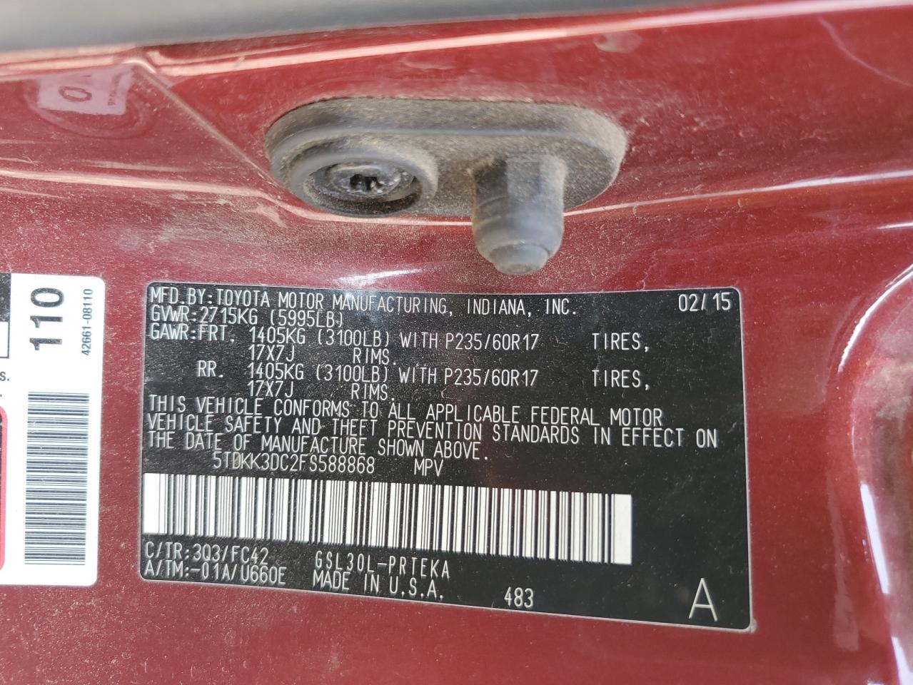 2015 Toyota Sienna Le VIN: 5TDKK3DC2FS588868 Lot: 64372545
