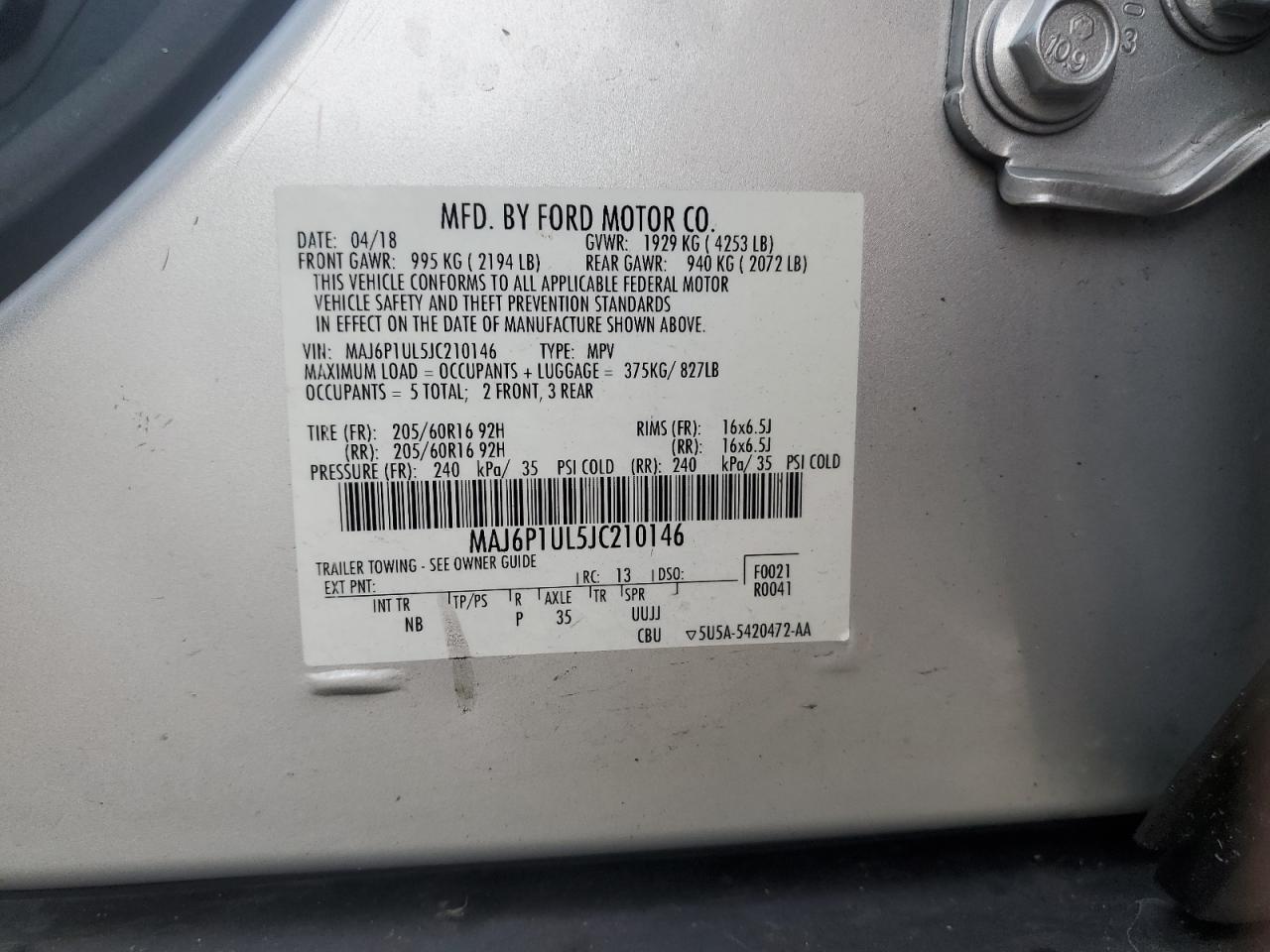 2018 Ford Ecosport Se VIN: MAJ6P1UL5JC210146 Lot: 63031665