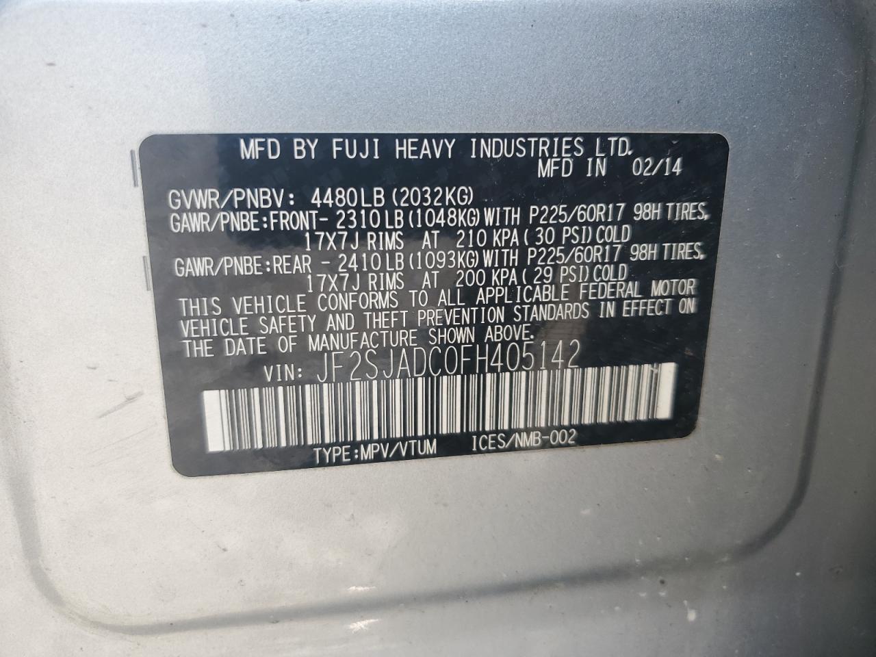 2015 Subaru Forester 2.5I Premium VIN: JF2SJADC0FH405142 Lot: 63040775