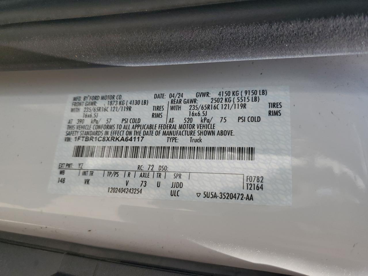 2024 Ford Transit T-250 VIN: 1FTBR1C8XRKA64117 Lot: 64147405