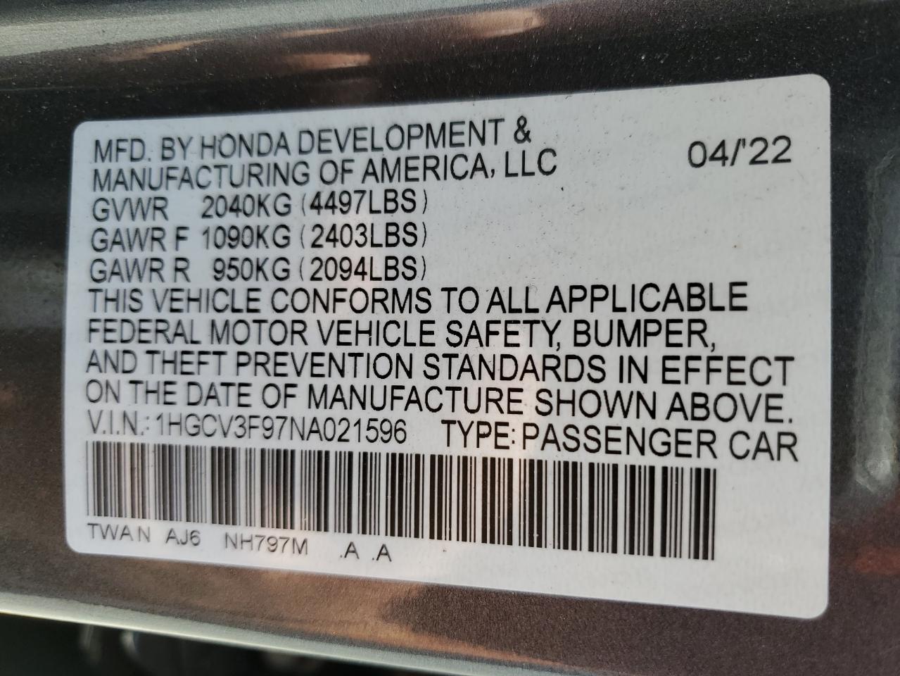 2022 Honda Accord Touring Hybrid VIN: 1HGCV3F97NA021596 Lot: 63929905