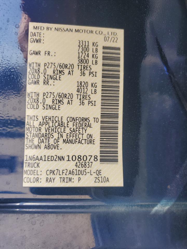 2022 Nissan Titan Sv VIN: 1N6AA1ED2NN108078 Lot: 65265835