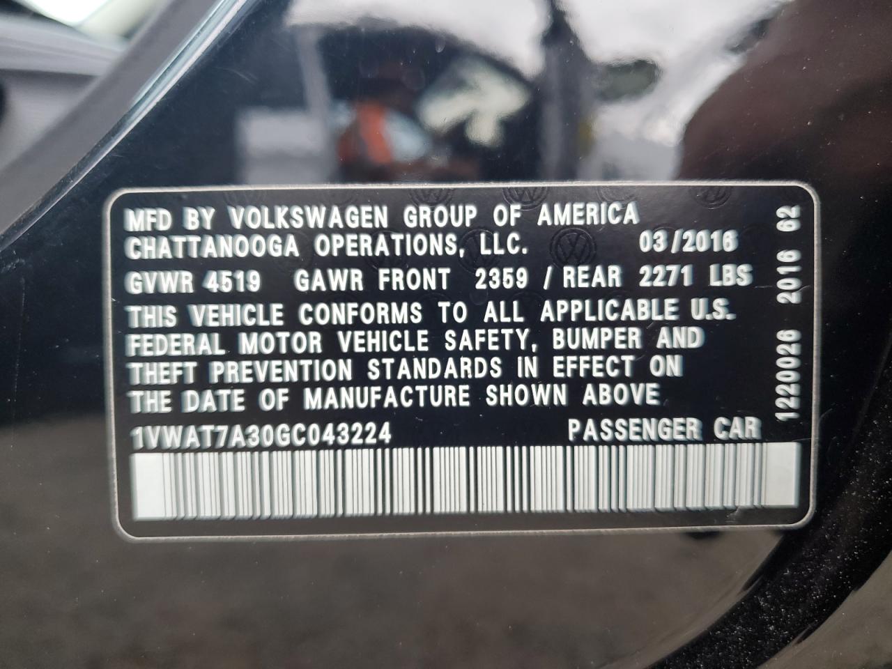 2016 Volkswagen Passat S VIN: 1VWAT7A30GC043224 Lot: 65396075