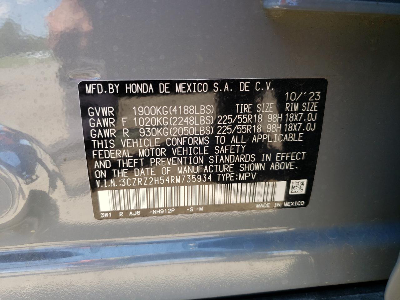 2024 Honda Hr-V Sport VIN: 3CZRZ2H54RM735934 Lot: 63337285