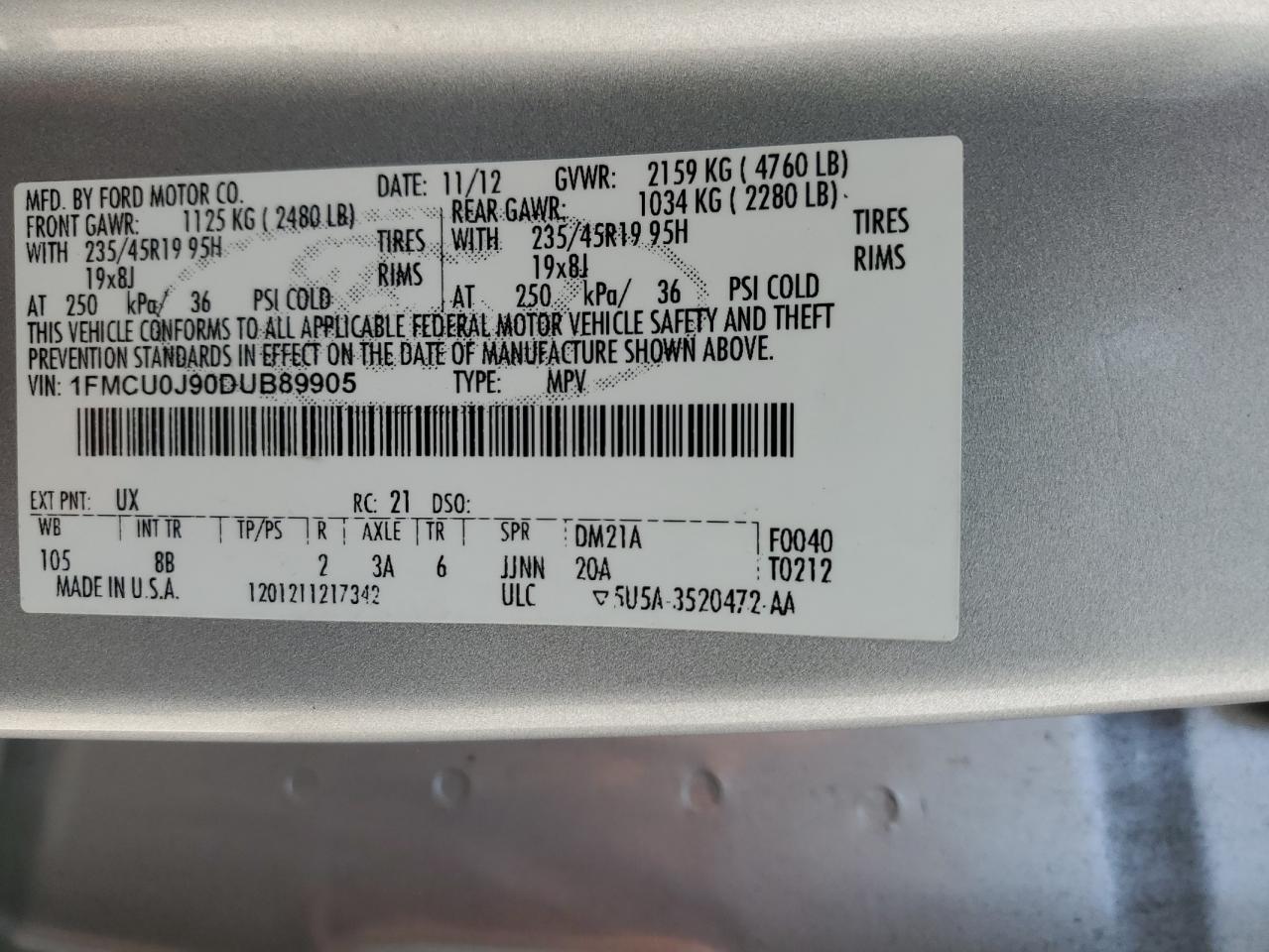 2013 Ford Escape Titanium VIN: 1FMCU0J90DUB89905 Lot: 63682855