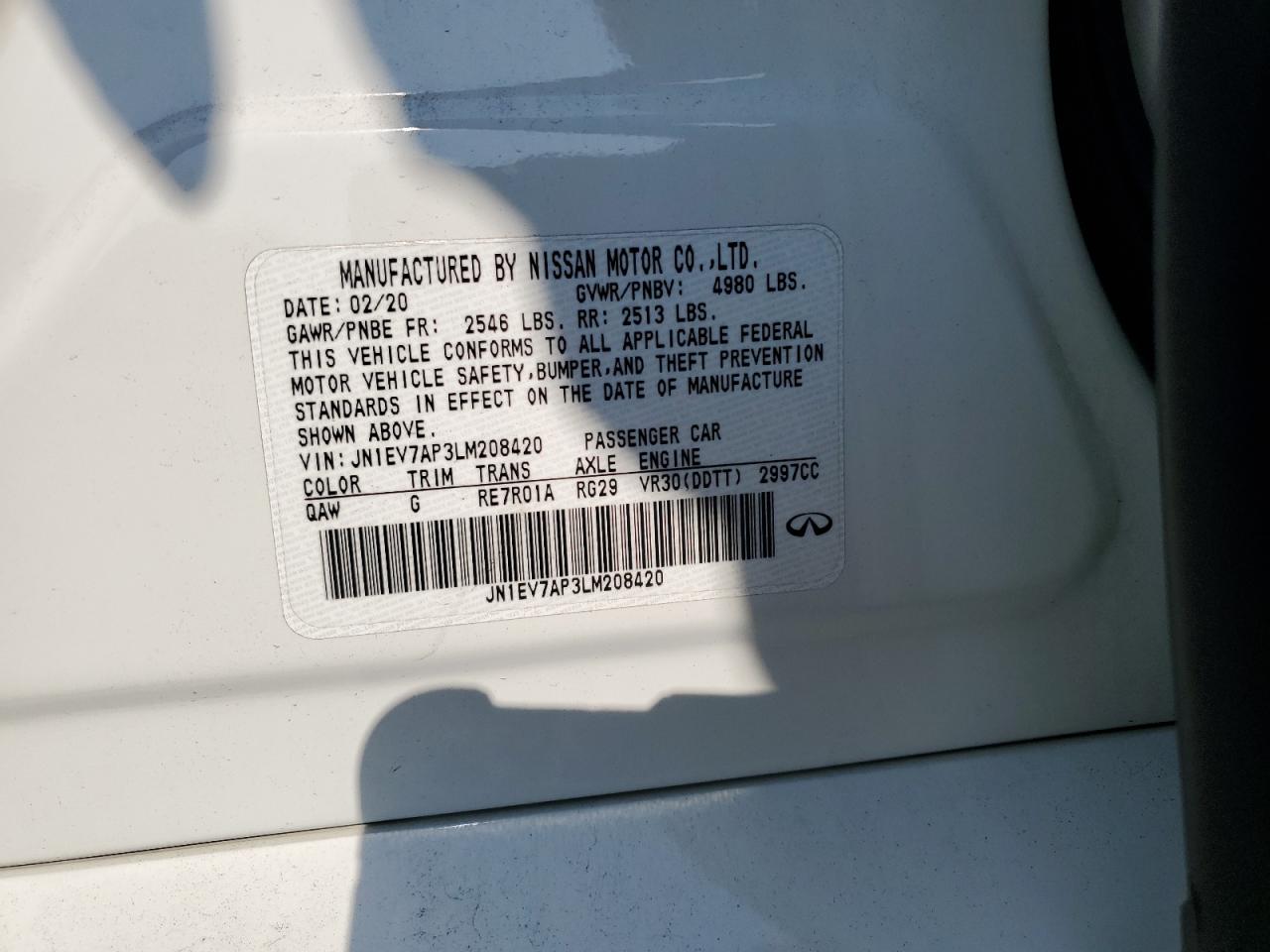2020 Infiniti Q50 Pure VIN: JN1EV7AP3LM208420 Lot: 61963135