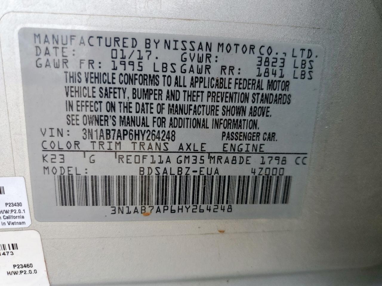 2017 Nissan Sentra S VIN: 3N1AB7AP6HY264248 Lot: 65505535