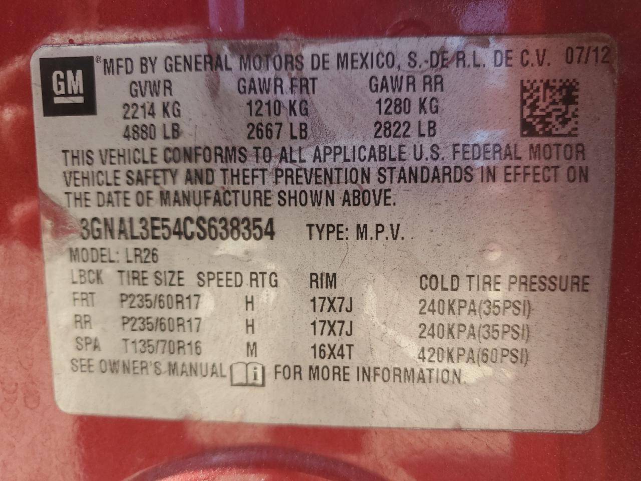 2012 Chevrolet Captiva Sport VIN: 3GNAL3E54CS638354 Lot: 65044105