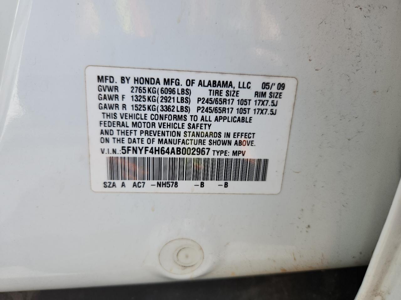 2010 Honda Pilot Exl VIN: 5FNYF4H64AB002967 Lot: 64234685