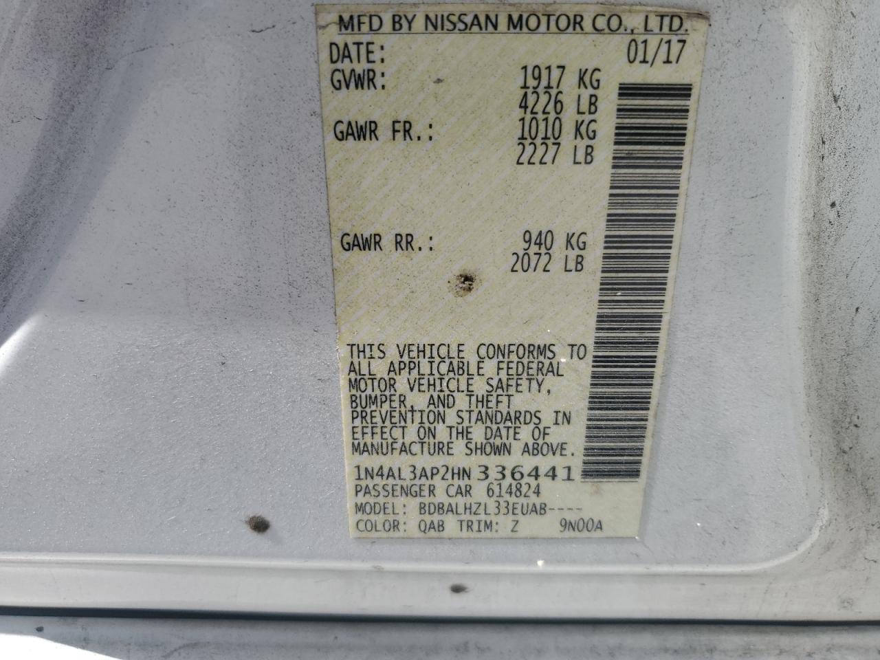 2017 Nissan Altima 2.5 VIN: 1N4AL3AP2HN336441 Lot: 64112135