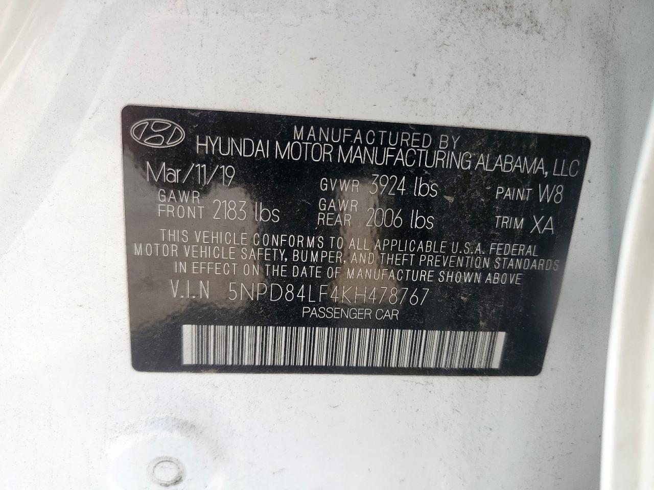 2019 Hyundai Elantra Sel VIN: 5NPD84LF4KH478767 Lot: 64841605