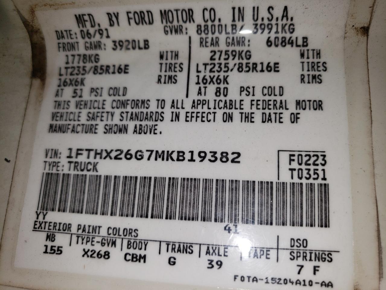 1991 Ford F250 VIN: 1FTHX26G7MKB19382 Lot: 66547905