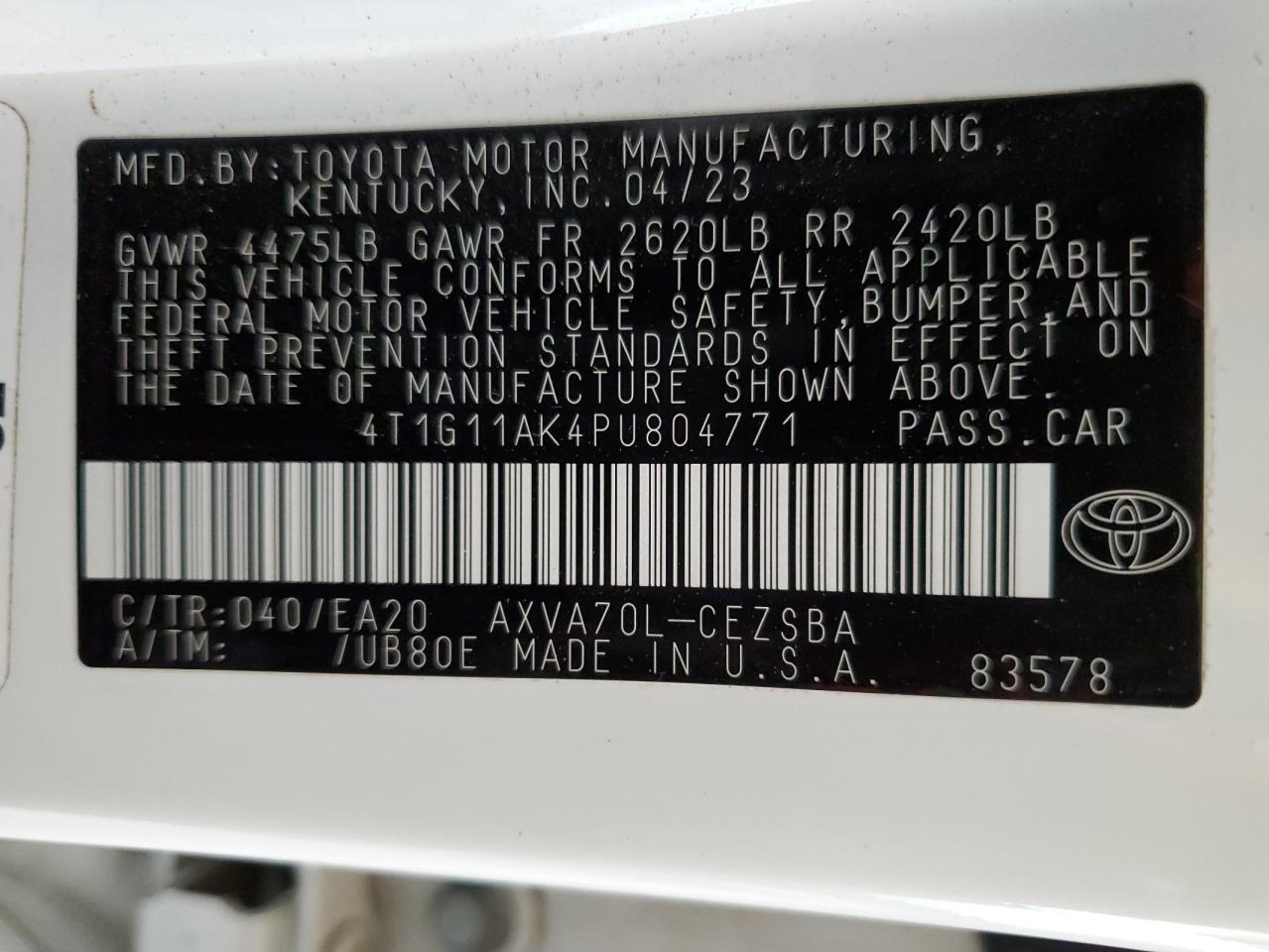 4T1G11AK4PU804771 2023 Toyota Camry Se Night Shade