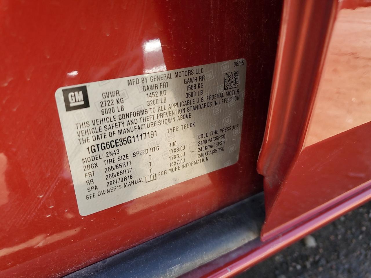 2016 GMC Canyon Sle VIN: 1GTG6CE35G1117191 Lot: 63407545