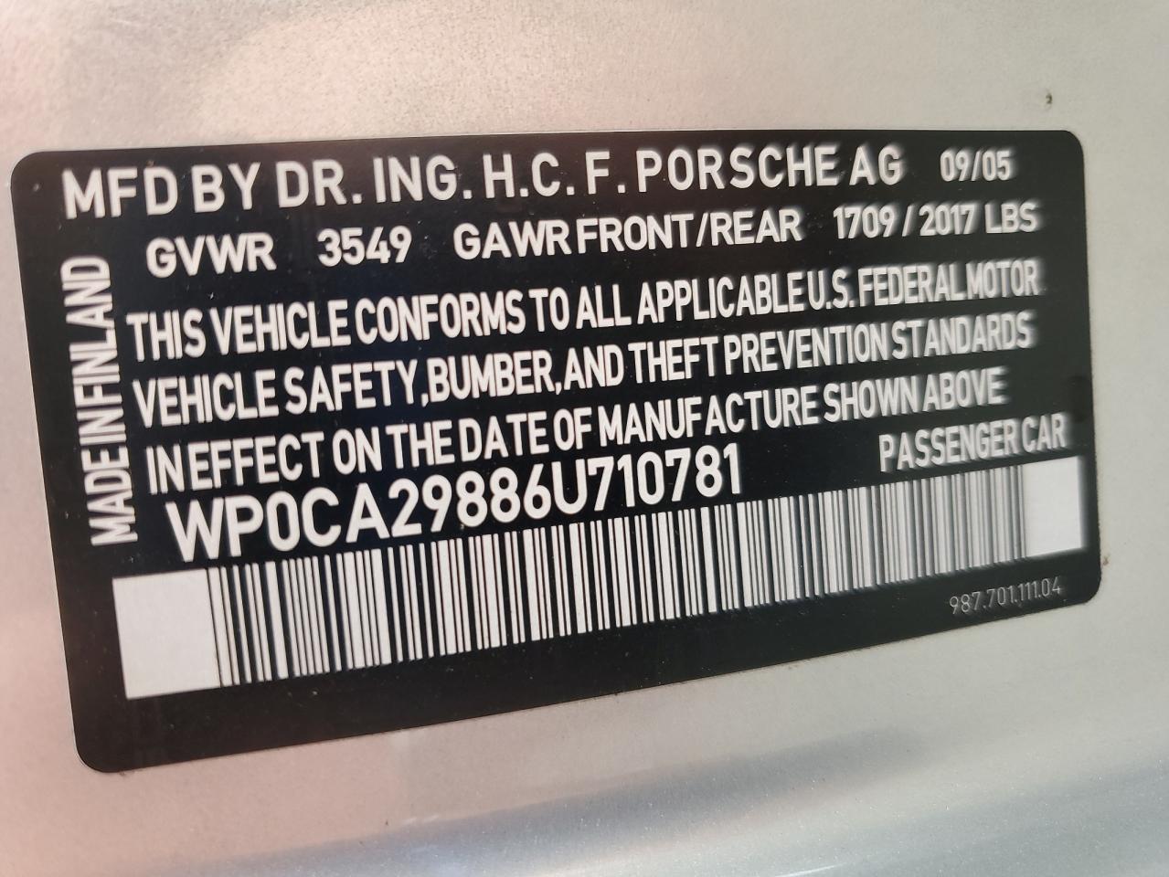 2006 Porsche Boxster VIN: WP0CA29886U710781 Lot: 64518675