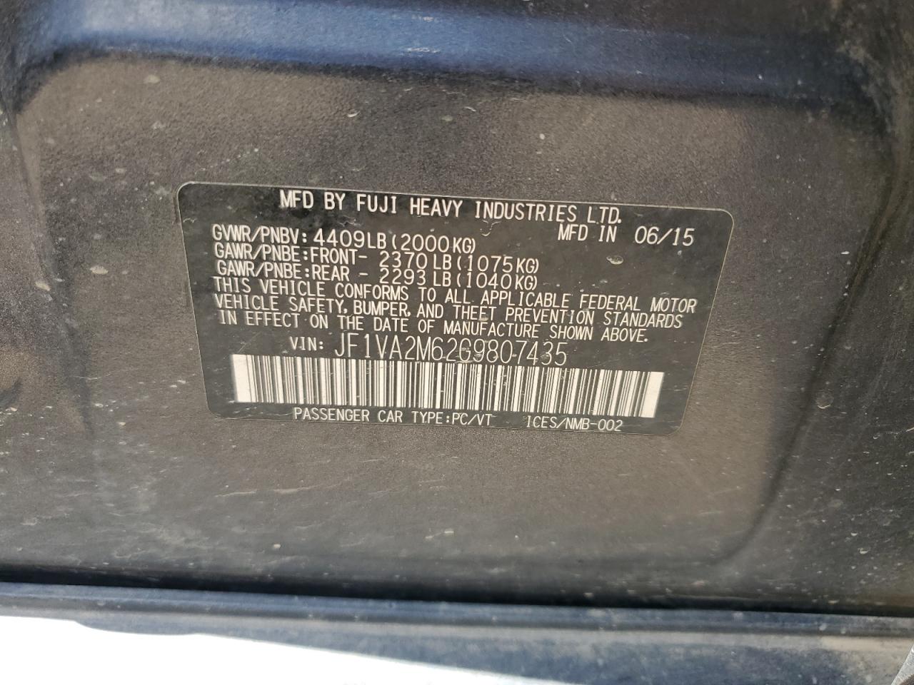 2016 Subaru Wrx Sti VIN: JF1VA2M62G9807435 Lot: 65050795